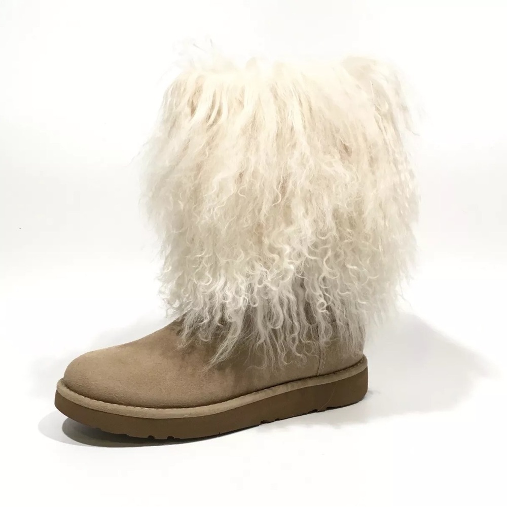 UGG Tan Suede Boots with Cream Fur Cuff - Picture 2 of 8